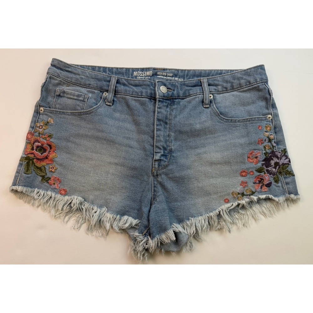 Mossimo Supply Co Denim Shorts 14/32 Floral Embroidered High Rise Boho Fray 2"